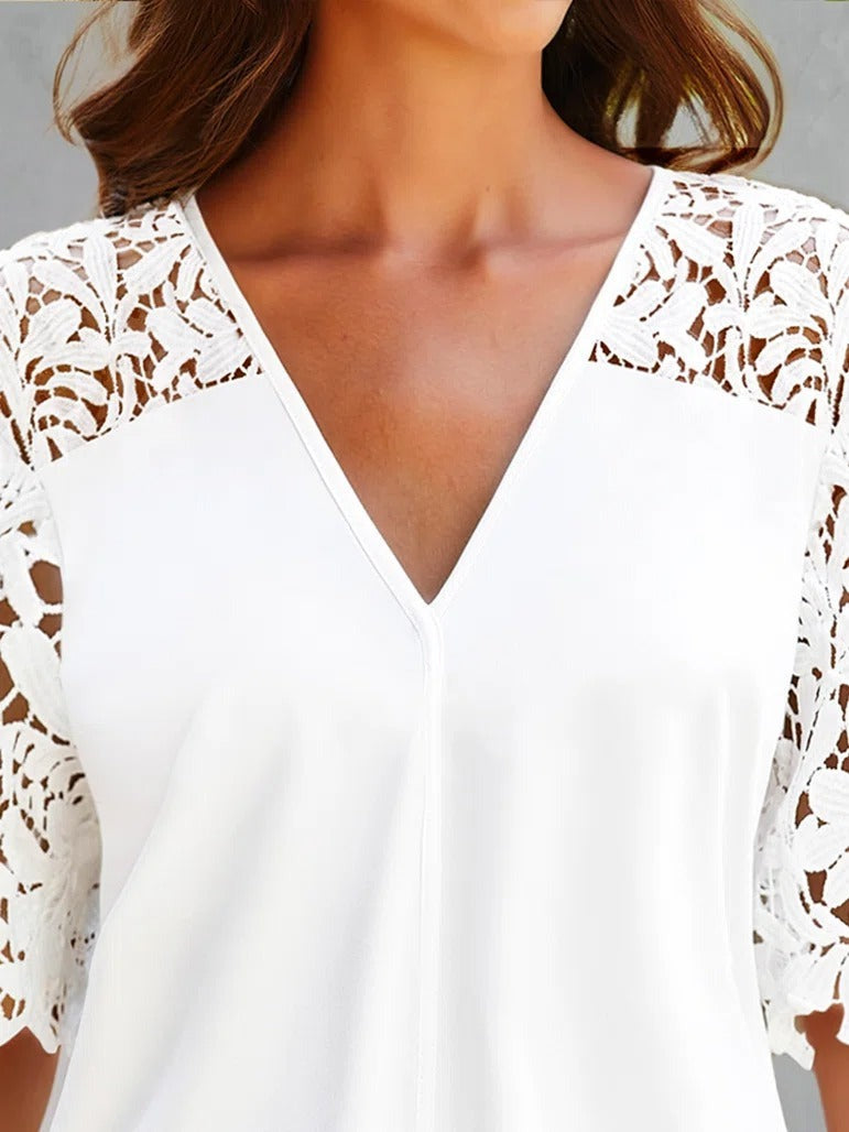 Solid Color V-neck Knot-front Lace Half Sleeves T-shirt