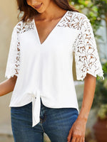 Solid Color V-neck Knot-front Lace Half Sleeves T-shirt