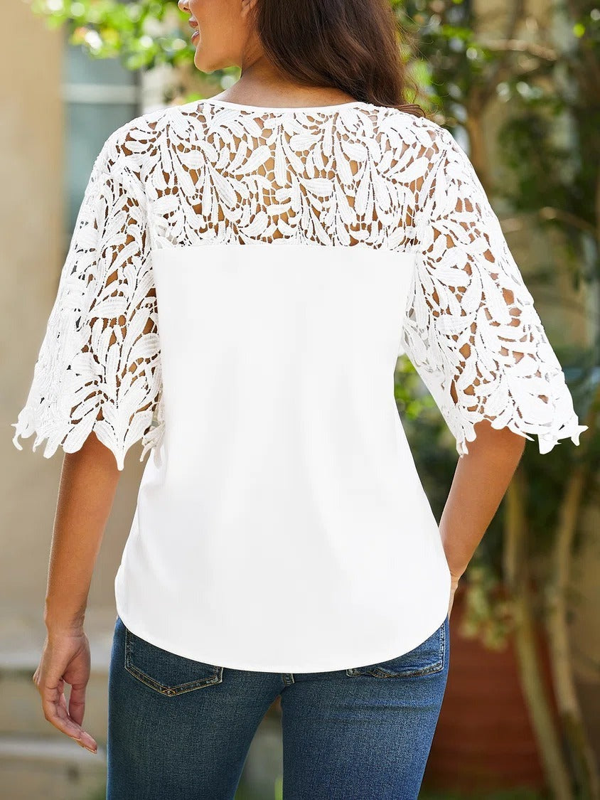 Solid Color V-neck Knot-front Lace Half Sleeves T-shirt