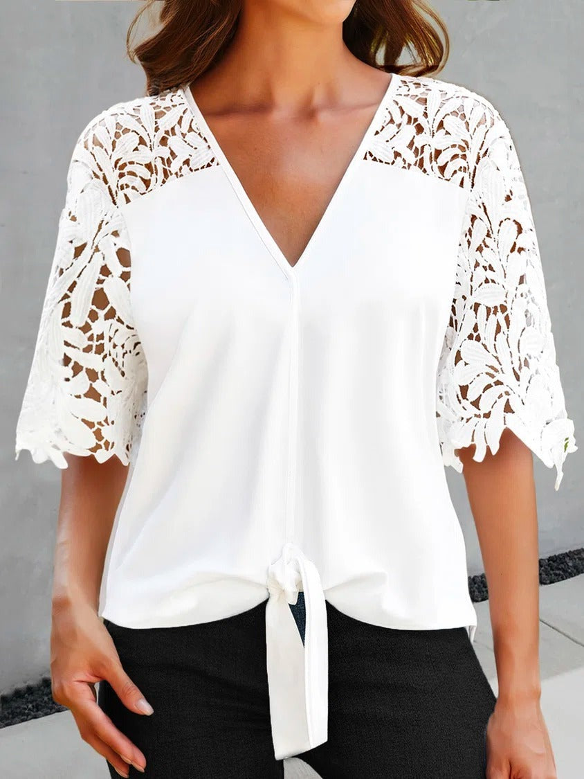 Solid Color V-neck Knot-front Lace Half Sleeves T-shirt
