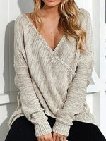 Solid Color V-neck Casual Long Sleeves Sweater