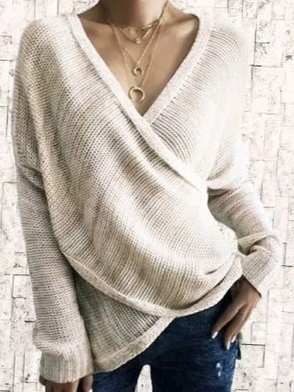 Solid Color V-neck Casual Long Sleeves Sweater