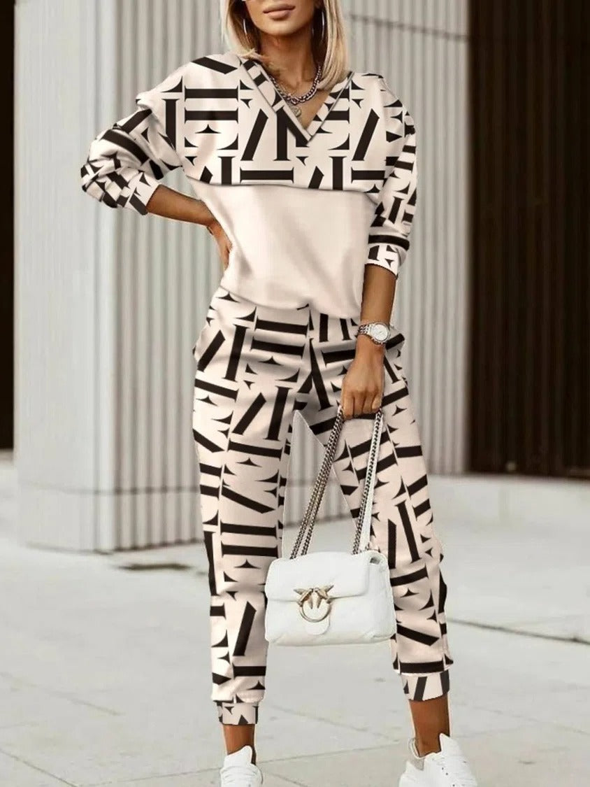 Geometric Print V-neck Long Sleeves Two Piece Suit