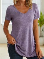 Solid Color V-neck Vacation Short Sleeves T-shirt