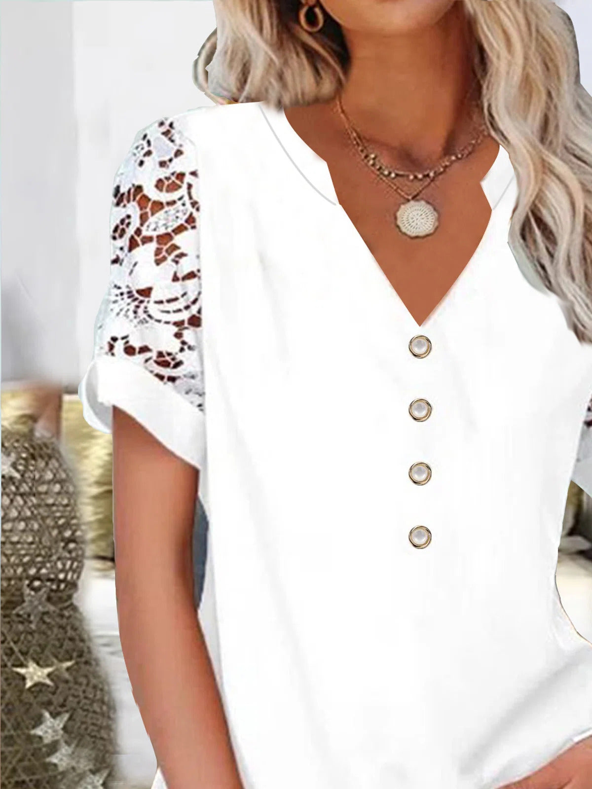 Solid Color V-neck Buttons Lace Short Sleeves Blouse