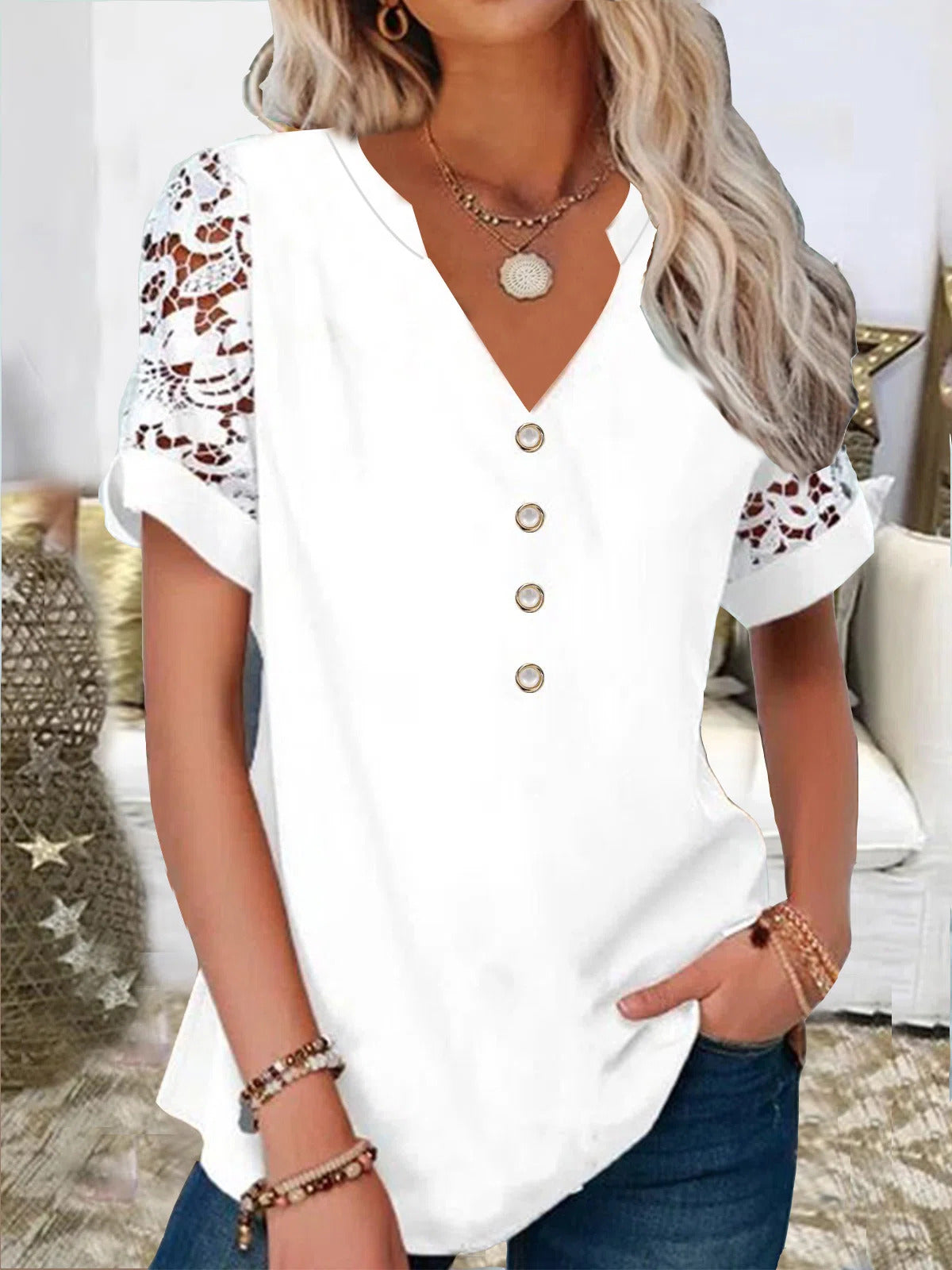Solid Color V-neck Buttons Lace Short Sleeves Blouse
