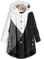 Plain Color Block Hood Nail Button Fur Warm Coat