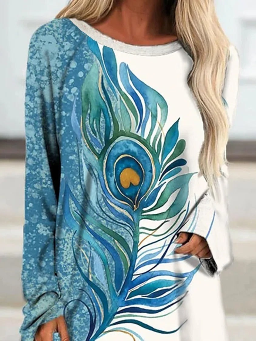 Boho Floral-Print A-Line Long Sleeve Shirts & Tops