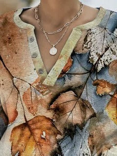 Leaf Print V-neck Long Sleeve Casual Sweatshirts