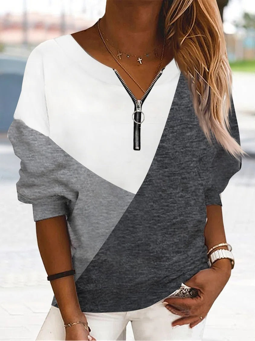 Plain Color Block Zipper Loose Sweatshirts