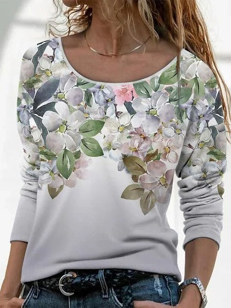 Floral Design Long Sleeve Oversized T-Shirt