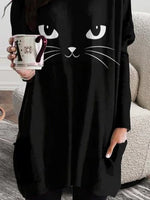 Loose Crew Neck Cat Halloween Long Sleeve T-Shirt