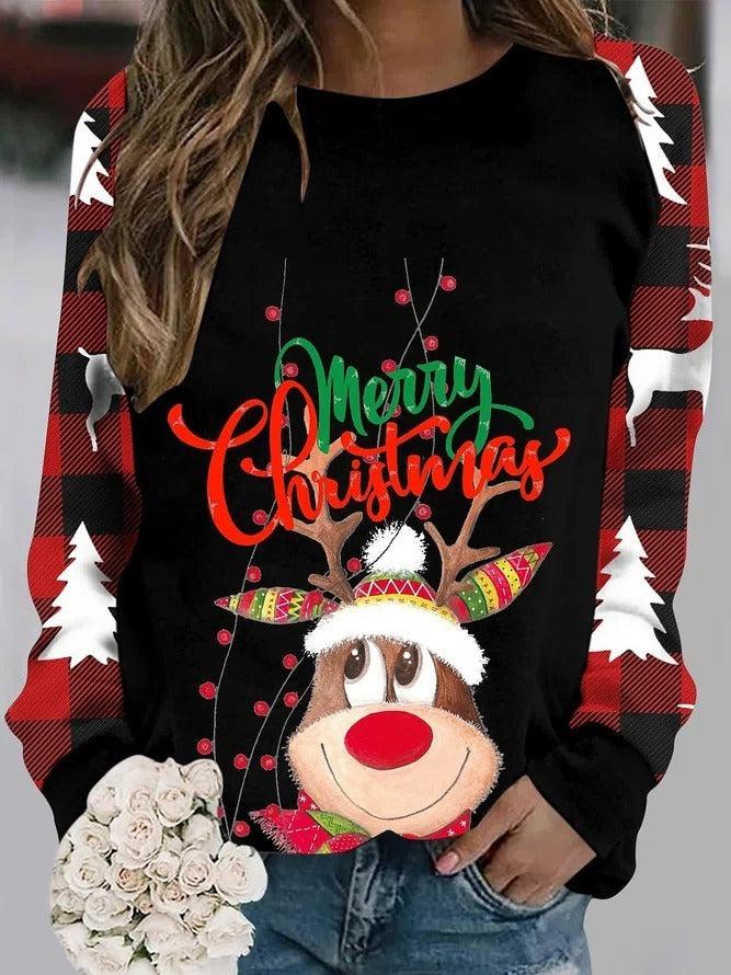Merry Christmas Reindeer Print O-neck Long Sleeves Sweatshirt