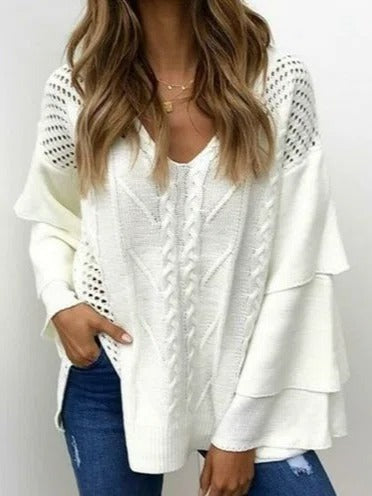 Solid Color Hollow out V-neck Flared Sleeves Sweater