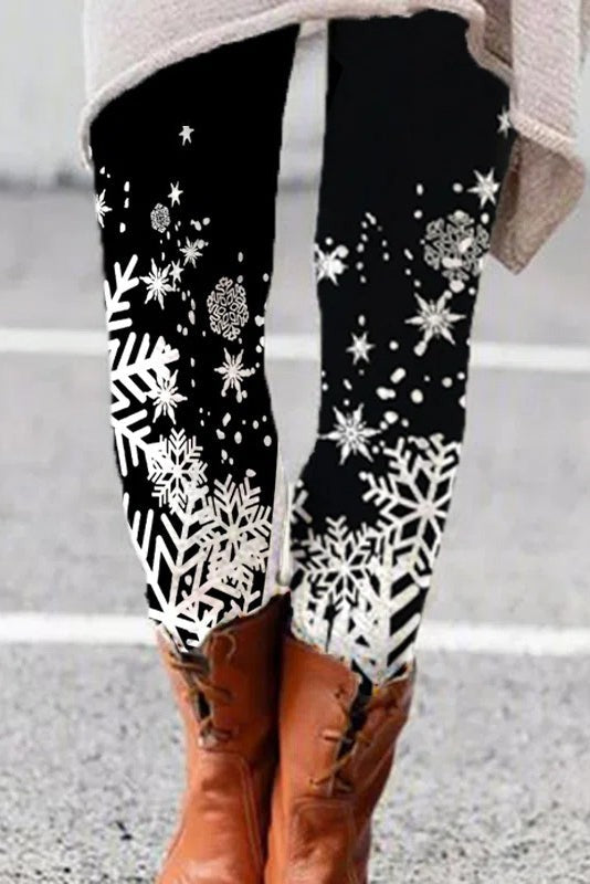 Christmas Snowflake Print Casual Elastic Waist Leggings