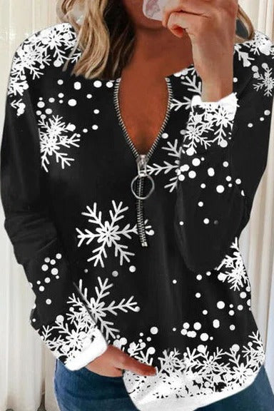 Snowflake Print Zipper Crew Neck Long Sleeves Sweatshirt