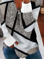 Color Block Half Zip Crew Neck Long Sleeves Sweatshirt