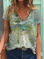 Dragonfly Print V-neck Casual Short Sleeves T-shirt