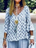 Geometric Print V-neck 3/4 Sleeves Two Piece Suit