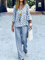 Geometric Print V-neck 3/4 Sleeves Two Piece Suit