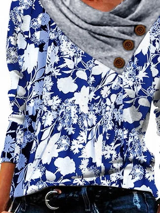 Floral Print Buttons Cowl Neck Long Sleeves Sweatshirt