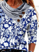 Floral Print Buttons Cowl Neck Long Sleeves Sweatshirt