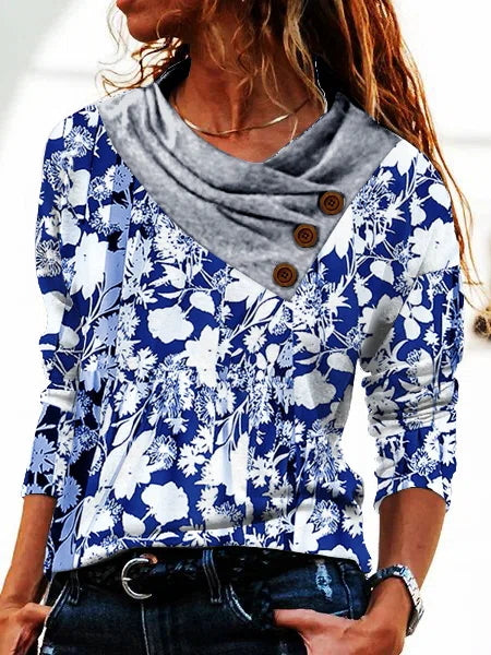 Floral Print Buttons Cowl Neck Long Sleeves Sweatshirt