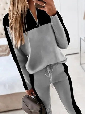 Color Block Zipper V-neck Long Sleeves Two Piece Suit