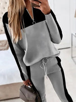 Color Block Zipper V-neck Long Sleeves Two Piece Suit