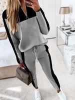 Color Block Zipper V-neck Long Sleeves Two Piece Suit