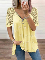 Heart Print Zipper Lace V-neck Short Sleeves T-shirt