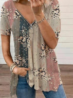 Floral Print Zipper V-neck Short Sleeves Blouse
