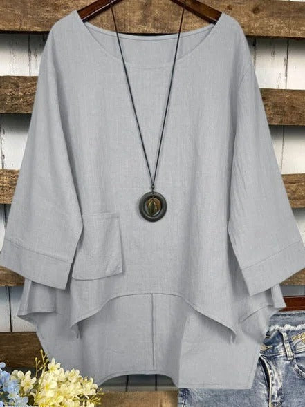 Solid Color Irregular Hem Crew Neck Long Sleeves Blouse