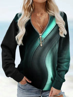 Abstract Print Zipper V-neck Long Sleeves Sweatshirt