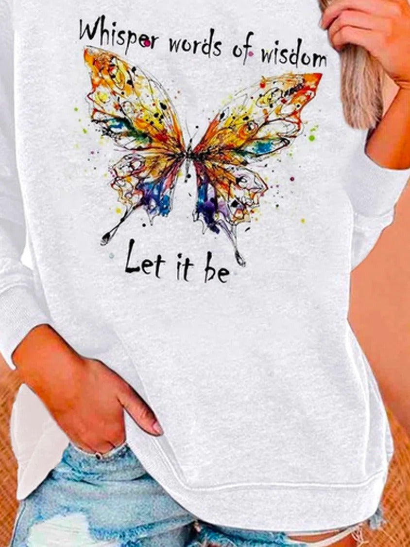 Butterfly Print Round Neck Long Sleeves Sweatshirt