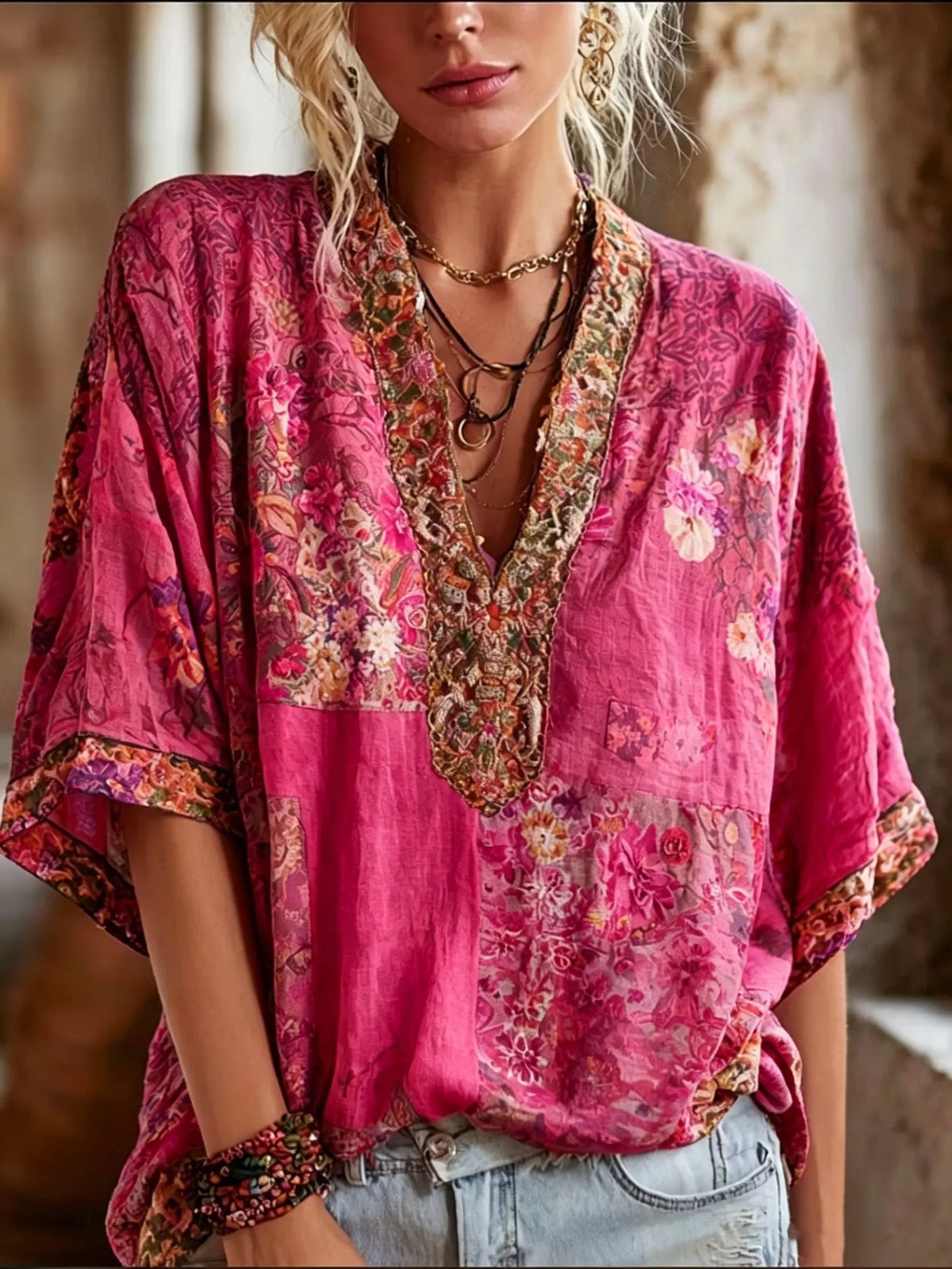 Women's Boho Floral Art Print Cotton V-Neck Blouse