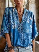 Women's Boho Floral Art Print Cotton V-Neck Blouse