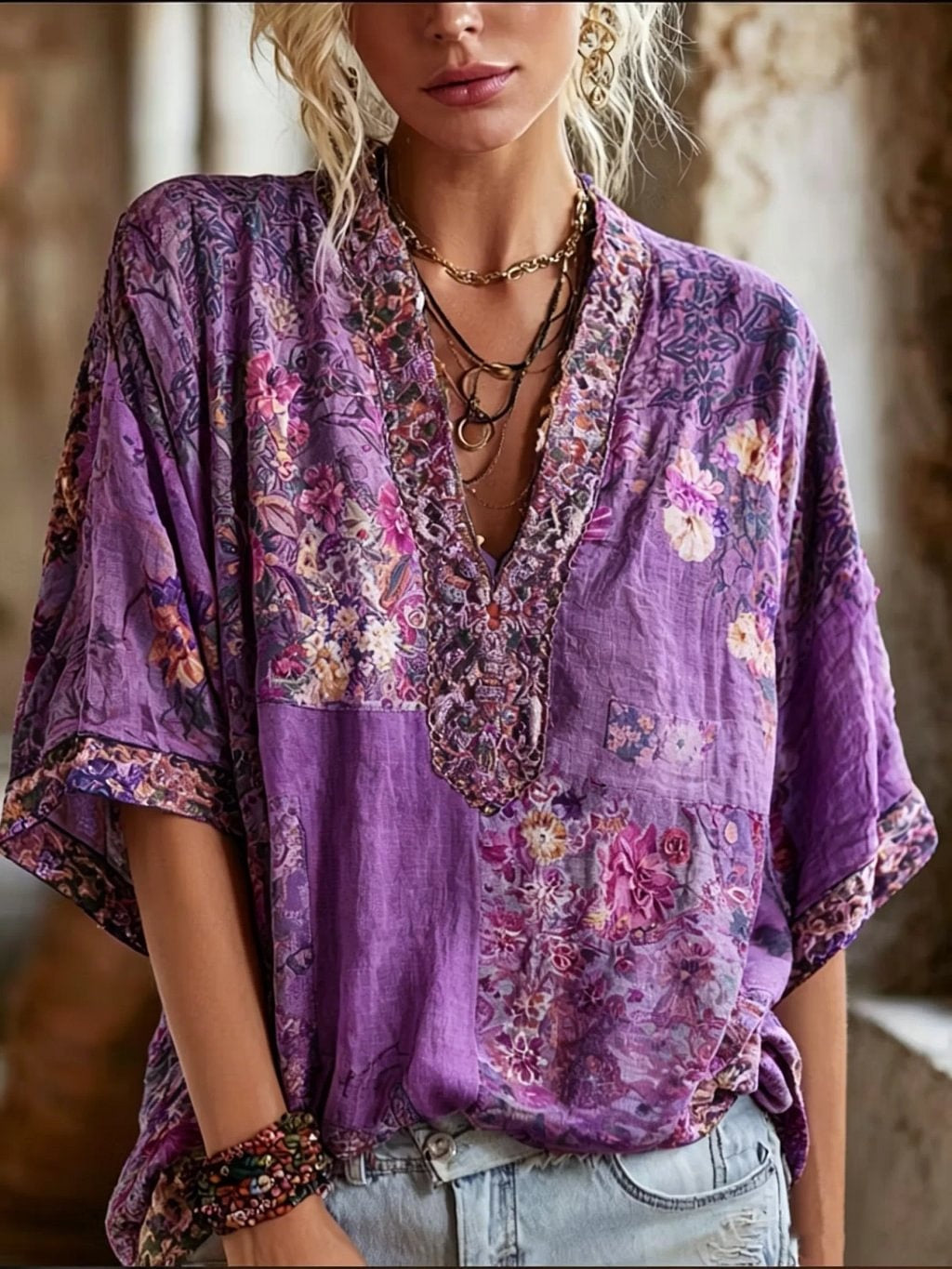 Women's Boho Floral Art Print Cotton V-Neck Blouse