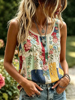 Women's Patchwork Floral Print Cotton Lace Trim Sleeveless Tank Top