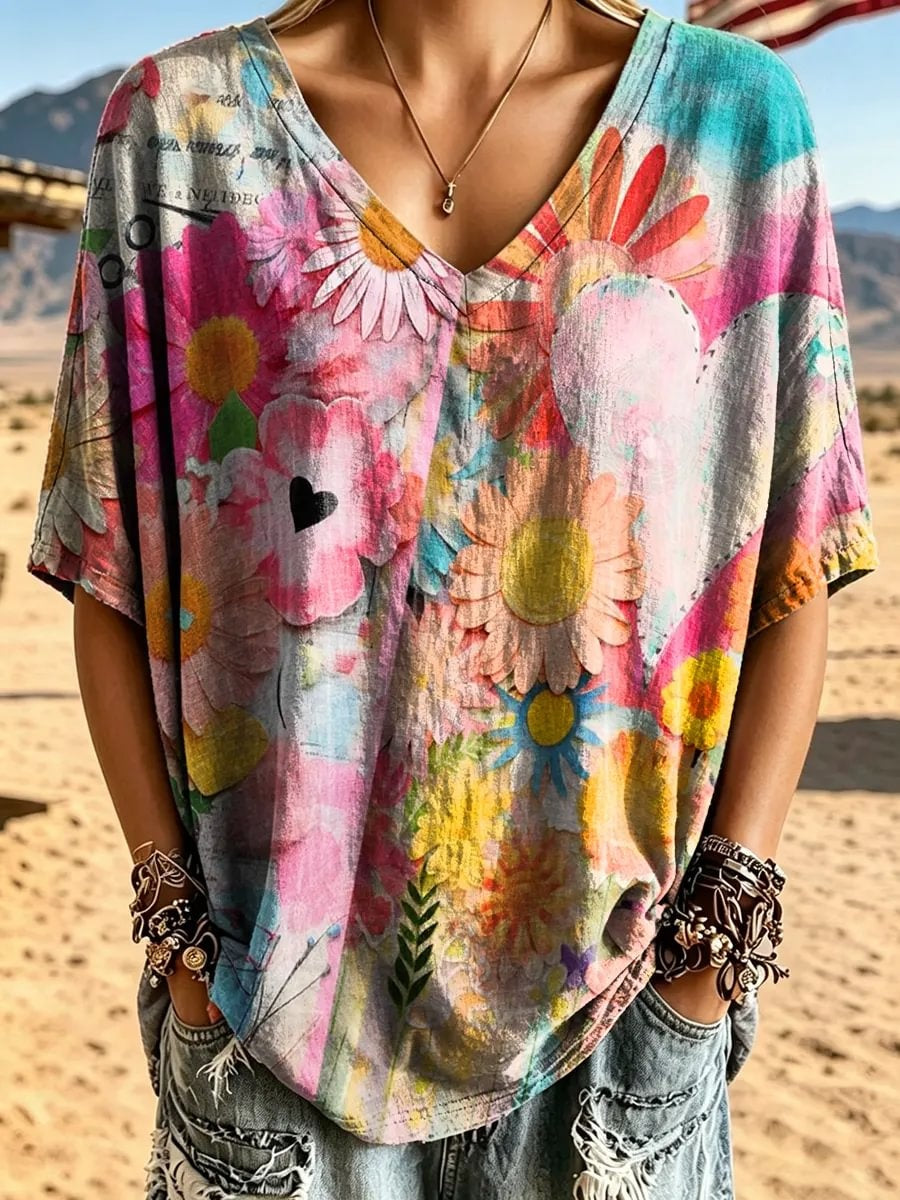 Women's Vintage Floral & Heart Collage Print Cotton V-Neck Loose Top