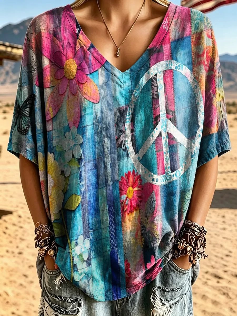 Women's Peace Sign & Floral Patchwork Print Cotton V-Neck Loose Top