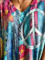 Women's Peace Sign & Floral Patchwork Print Cotton V-Neck Loose Top