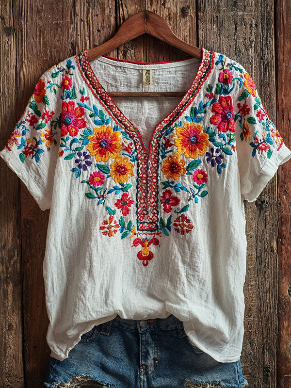 Women's Ethnic Floral Pattern Casual V Neck T-Shirt