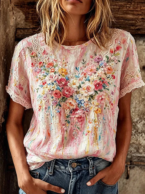 Women's Oil Painting Floral Printed Casual T-Shirt