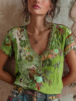 Bohemian Floral Art V-Neck Linen Blend Top