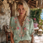 Women's Retro Bohemian Floral Art Print Casual Short-Sleeve V-Neck Cotton Linen T-Shirt