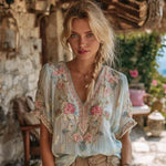 Women's Retro Bohemian Floral Art Print Casual Short-Sleeve V-Neck Cotton Linen T-Shirt