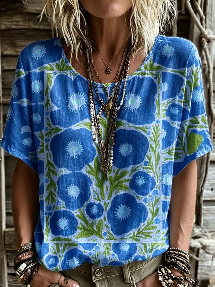 Women's Short-sleeve Crew-neck Cotton-linen T-shirt With Floral Art Print