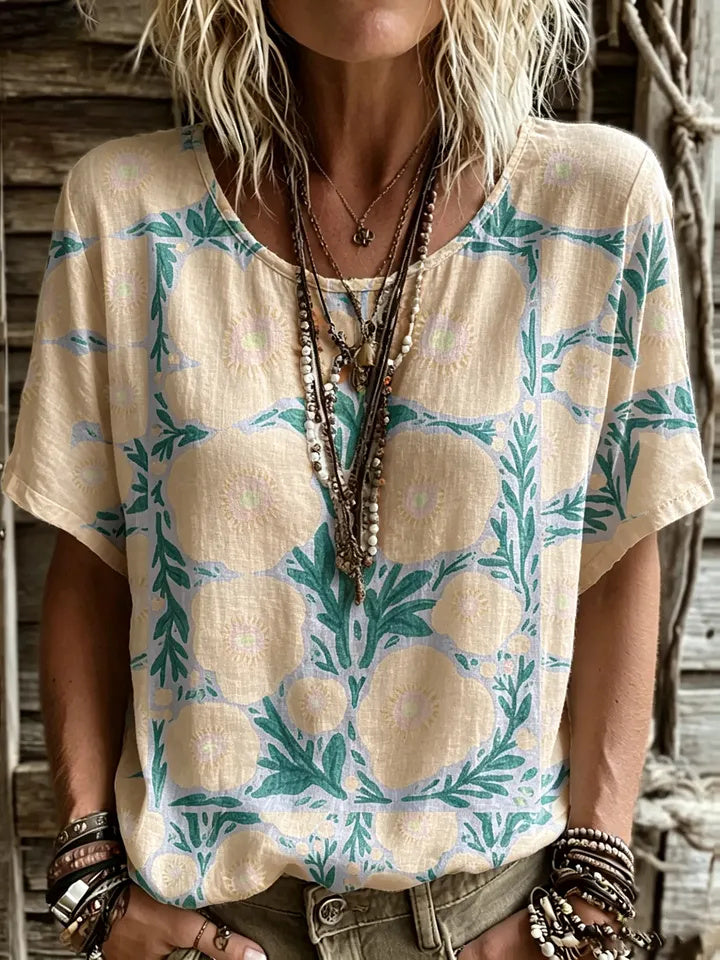 Women's Short-sleeve Crew-neck Cotton-linen T-shirt With Floral Art Print