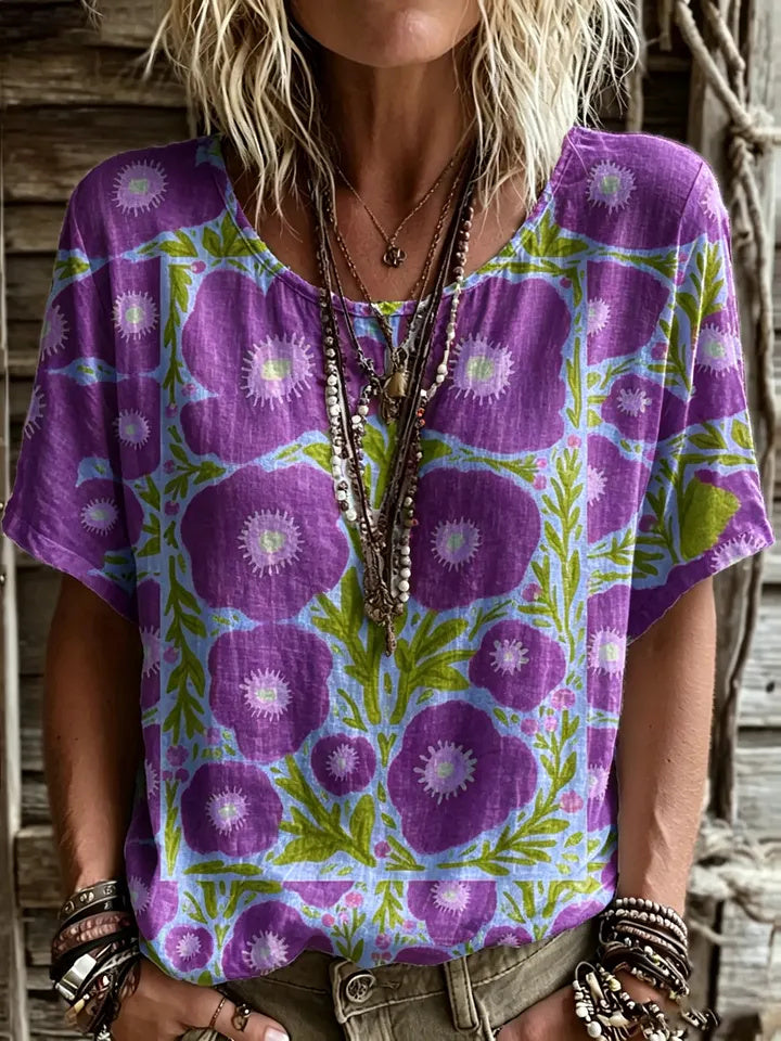 Women's Short-sleeve Crew-neck Cotton-linen T-shirt With Floral Art Print
